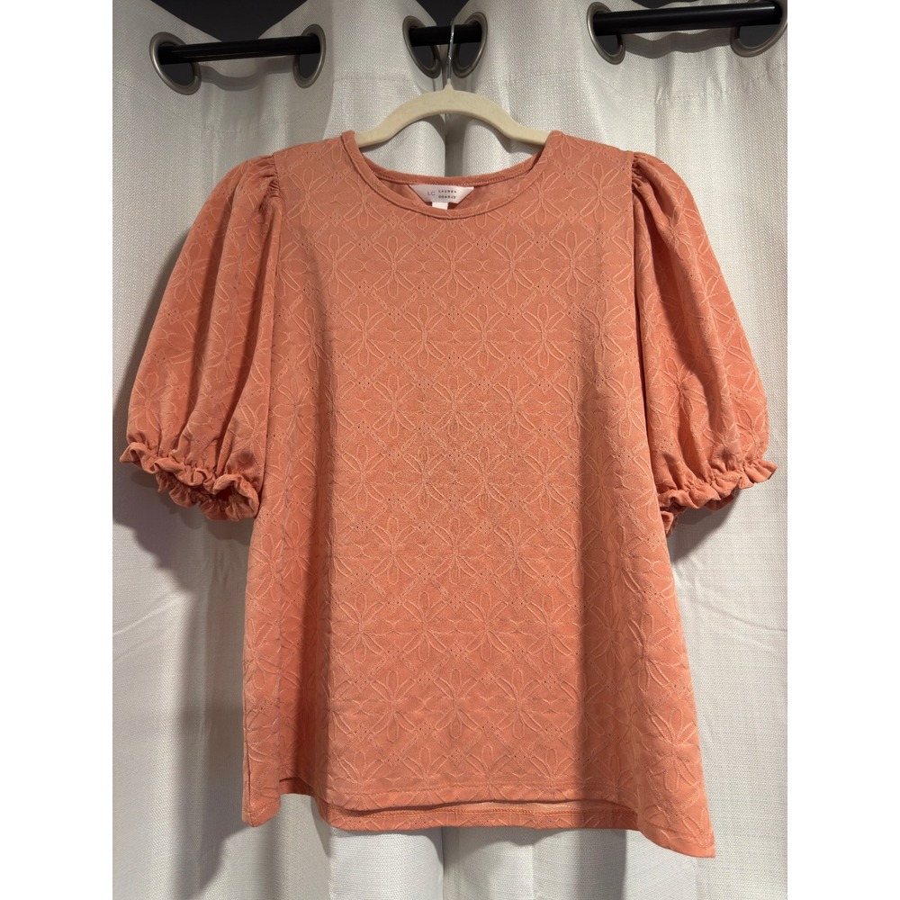 LC‎ Lauren Conrad Coral Orange Floral Eyelet Puff Sleeve Top Sz S